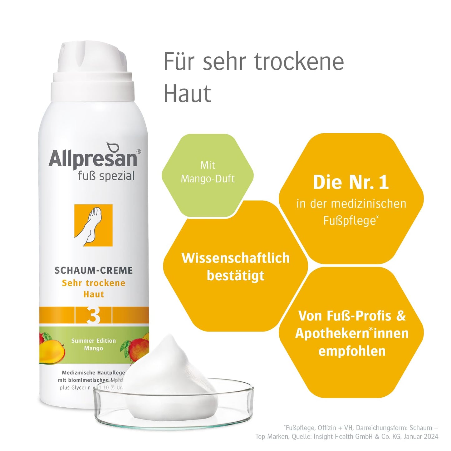 Allpresan Fuß Spezial Nr. 3 Schaum-Creme mit Mango Duft - Fußcreme für sehr trockene Haut - Zur täglichen Fußpflege sehr trockener Füße - 2x125 ml