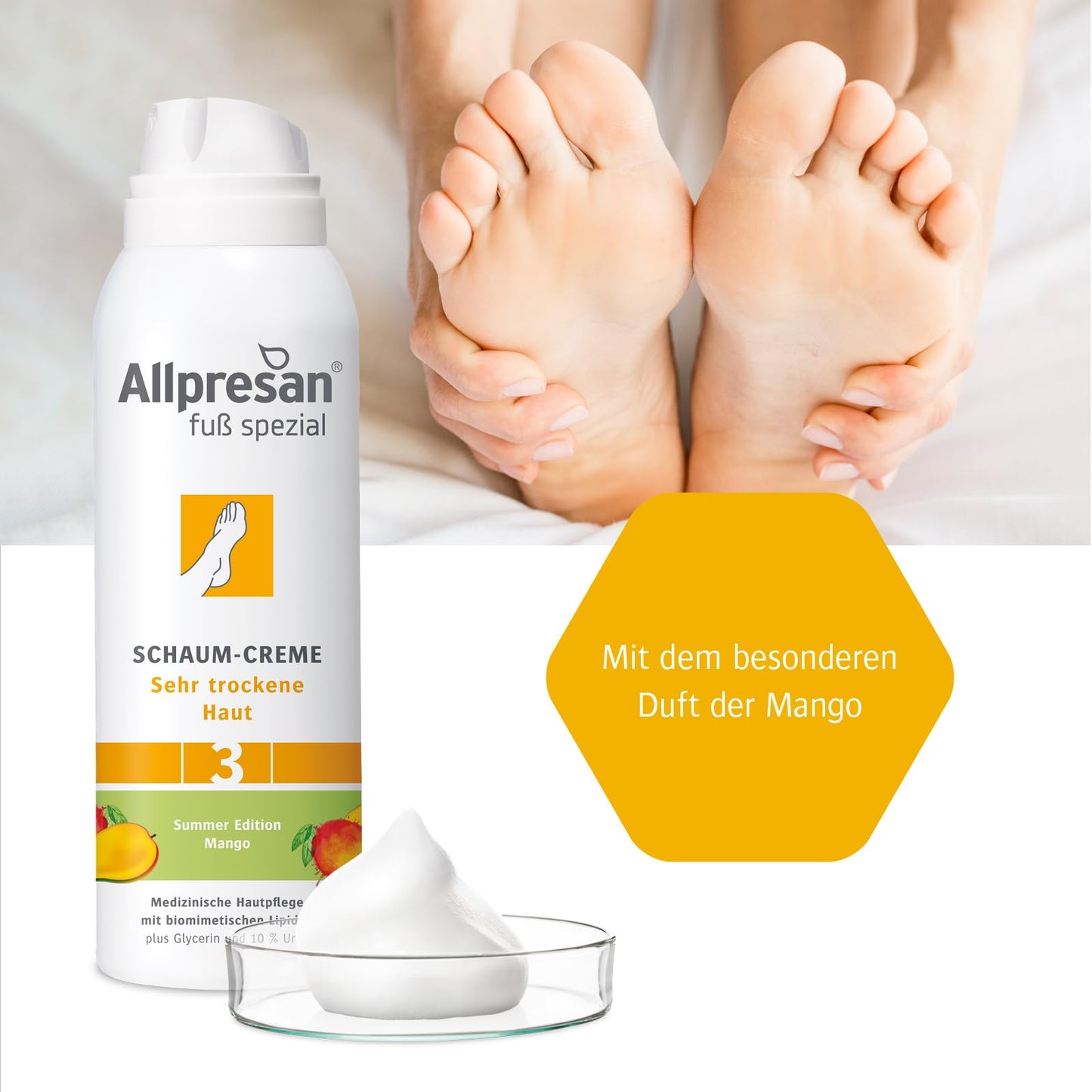 Allpresan Fuß Spezial Nr. 3 Schaum-Creme mit Mango Duft - Fußcreme für sehr trockene Haut - Zur täglichen Fußpflege sehr trockener Füße - 2x125 ml