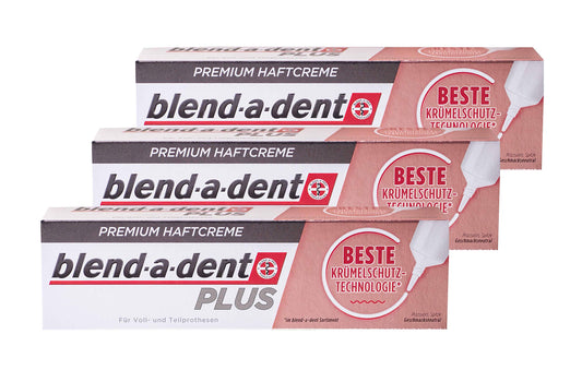 3x Blend-a-dent Plus Premium Haftcreme KRÜMELSCHUTZ 40g für Voll und Teilprothesen